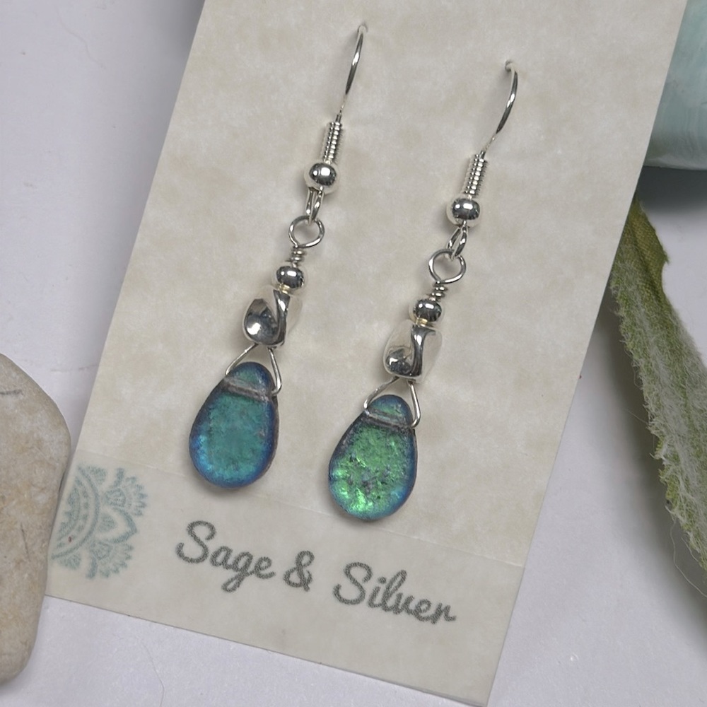 NEW  Dainty opal look Czech glass drops earrings with silver accents